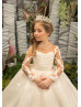 Long Sleeve Beaded Ivory Lace Tulle Flower Girl Dress